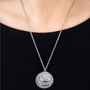 ALWAYS LOOKING UP - MULTI COLOR RHINESTONE AFFIRMATION SILVER NECKLACE .